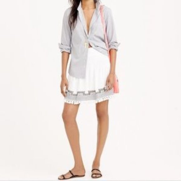 J. Crew Cotton White Mini Skirt Embroidered Boho Tassel Lined Flowy Pull On XL - Picture 1 of 10